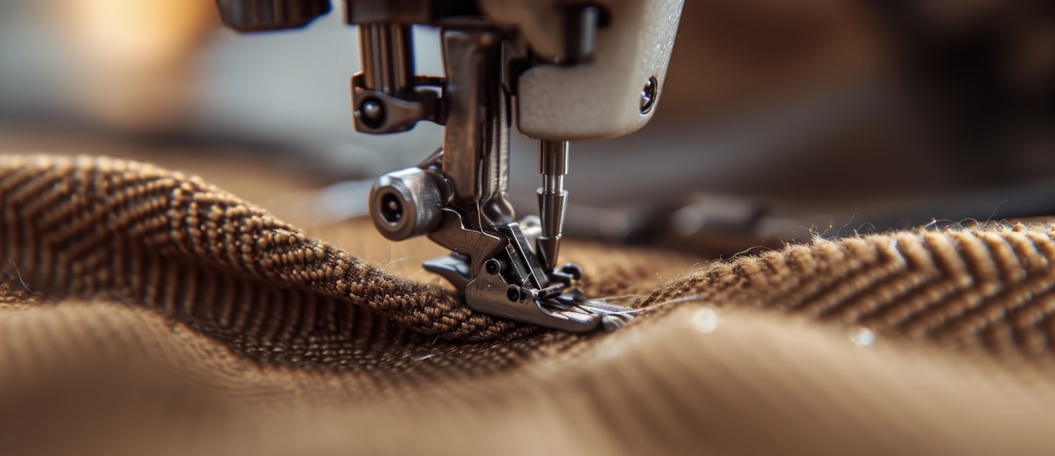 A sewing machine stitching herringbone fabric